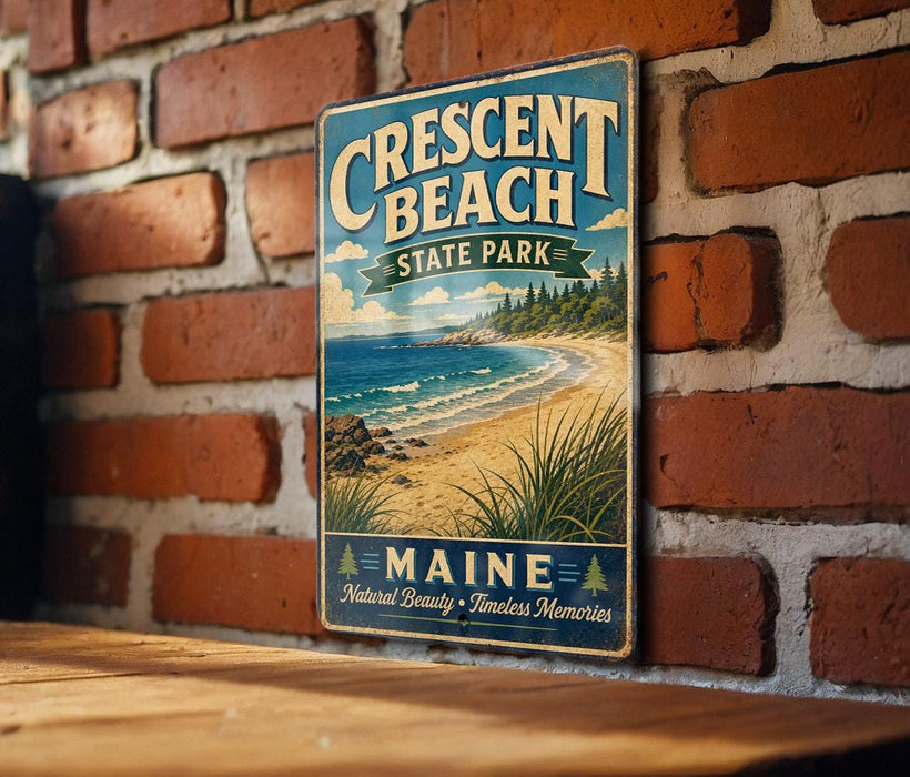 A vintage metal sign for Crescent Beach State Park in Maine, featuring a beach scene with a rocky shoreline and a pine tree.