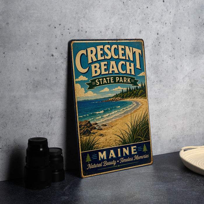 A vintage metal sign for Crescent Beach State Park in Maine, featuring a beach scene with a rocky shoreline and a pine tree.