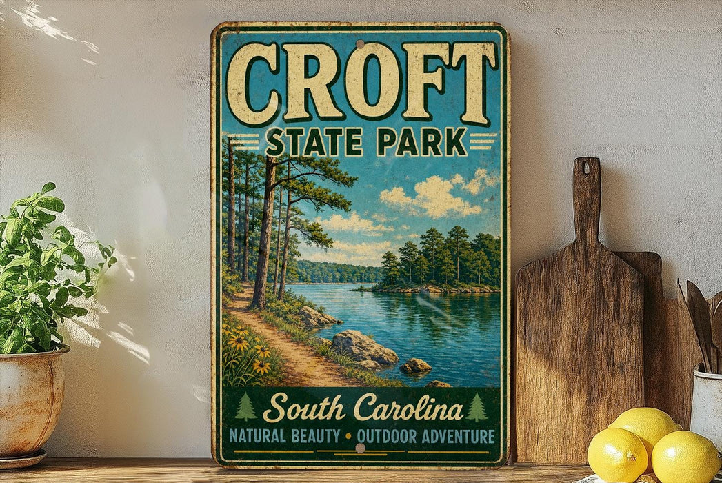 A vintage-style metal sign for Croft State Park, featuring a scenic landscape with a river, trees, and a lake, is displayed on a shelf next to a wooden cutting board and some potted plants.