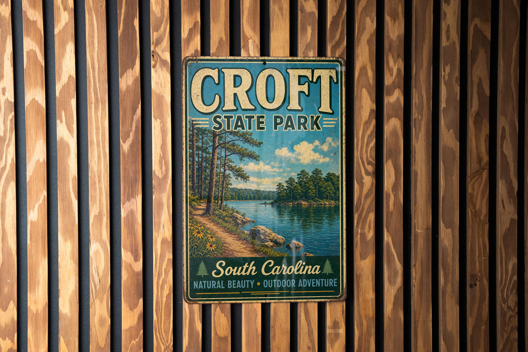 A vintage metal sign for Croft State Park, featuring a scenic landscape with a lake, trees, and a path leading to the park.