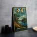 A vintage metal sign for Croft State Park, featuring a scenic landscape with a lake and forest, is displayed on a gray concrete surface.