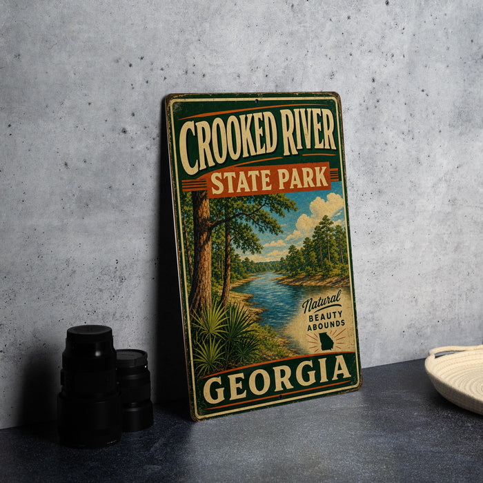 A vintage-style metal sign for Crooked River State Park in Georgia, featuring a scenic illustration of a river and forest landscape.