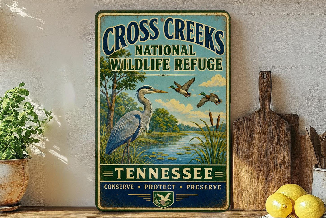 A vintage-style sign for the Cross Creek National Wildlife Refuge in Tennessee, featuring an illustration of a heron and ducks in a natural setting.