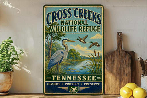 A vintage-style sign for the Cross Creek National Wildlife Refuge in Tennessee, featuring an illustration of a heron and ducks in a natural setting.