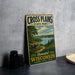 A vintage-style sign for Cross Plains State Park in Wisconsin, featuring a scenic landscape with a lake and forest.