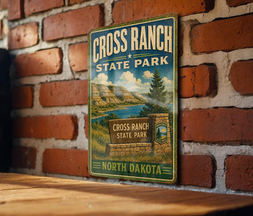 A vintage metal sign for Cross Ranch State Park in North Dakota, featuring a scenic landscape with mountains, a river, and a signpost.