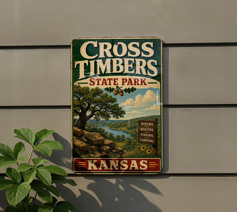 A vintage metal sign for Cross Timbers State Park in Kansas, featuring a scenic landscape with a river and trees.