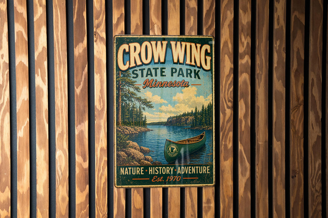A vintage metal sign for Crow Wing State Park in Minnesota, featuring a canoe and a scenic landscape.