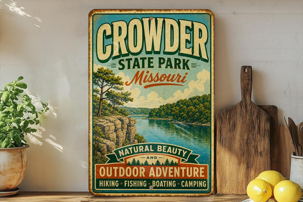 A vintage-style metal sign for Crowder State Park in Missouri, featuring a scenic landscape with a river and mountains.