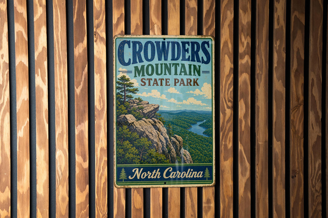 A vintage metal sign for Crowders Mountain State Park in North Carolina, featuring a scenic mountain landscape with a river and pine trees.