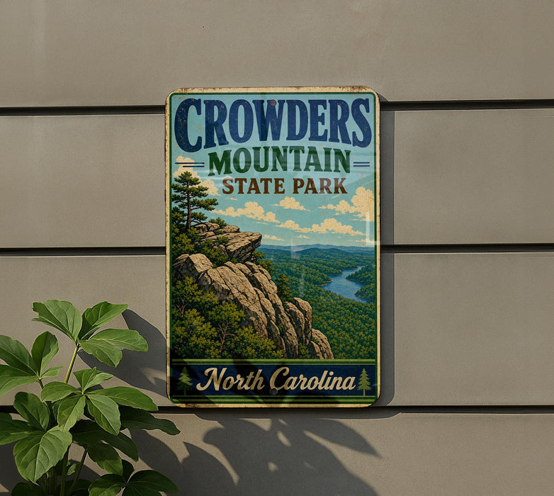 A vintage metal sign for Crowders Mountain State Park in North Carolina, featuring a scenic mountain landscape with a river and lush vegetation.