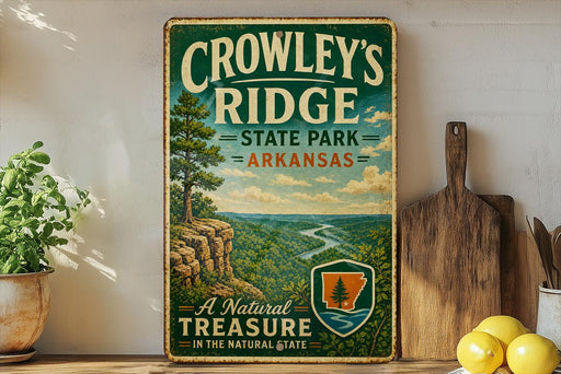 A vintage-style sign for Crowley's Ridge State Park in Arkansas, featuring a scenic landscape with a winding river and lush greenery.