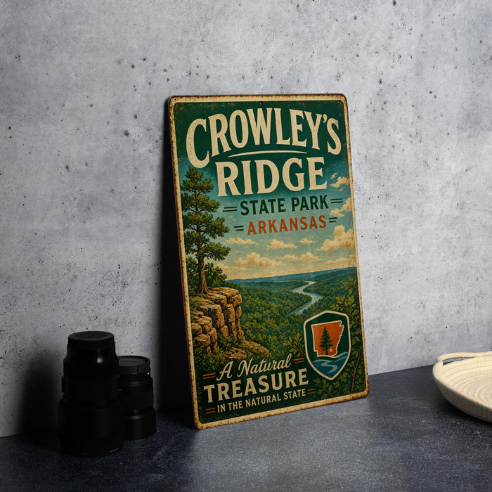 A vintage metal sign for Crowley's Ridge State Park in Arkansas, featuring a scenic landscape with a river and a cliff.
