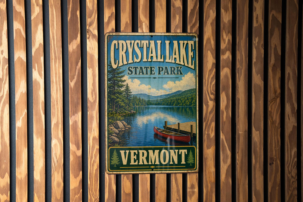 A vintage metal sign for Crystal Lake State Park in Vermont, featuring a scenic image of a lake and mountains.