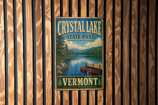 A vintage metal sign for Crystal Lake State Park in Vermont, featuring a scenic image of a lake and mountains.