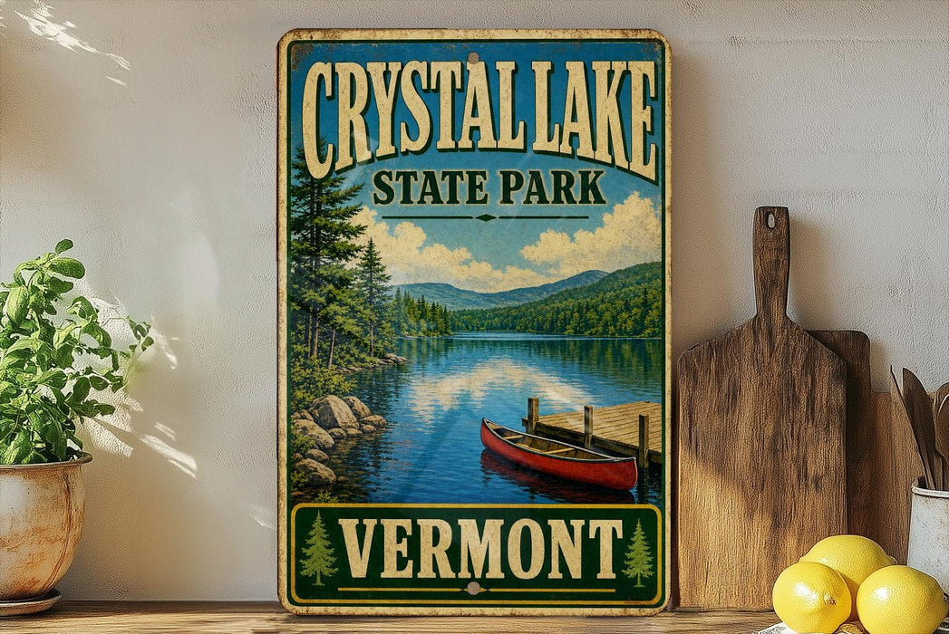 A vintage-style sign for Crystal Lake State Park in Vermont, featuring a scenic image of a lake surrounded by mountains and pine trees.