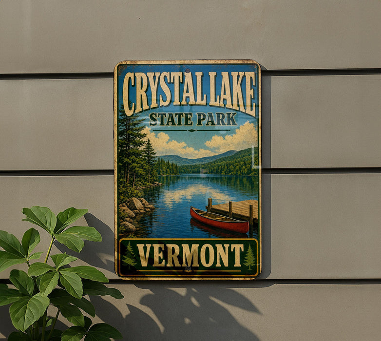 A vintage-style metal sign for Crystal Lake State Park in Vermont, featuring a scenic image of a lake with a red canoe and a forested shoreline.