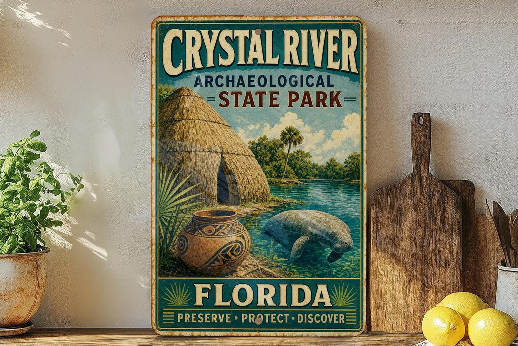 A vintage-style sign for Crystal River State Park in Florida, featuring an illustration of a manatee and a thatched-roof hut, with the text "Archaeological State Park" and "FLORIDA PRESERVE • PROTECT • DISCOVER" displayed prominently.