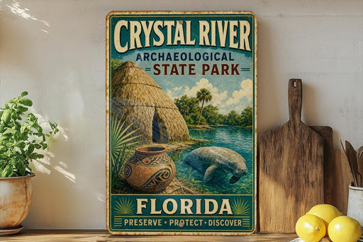 A vintage-style sign for Crystal River State Park in Florida, featuring an illustration of a manatee and a thatched-roof hut, with the text "Archaeological State Park" and "FLORIDA PRESERVE • PROTECT • DISCOVER" displayed prominently.