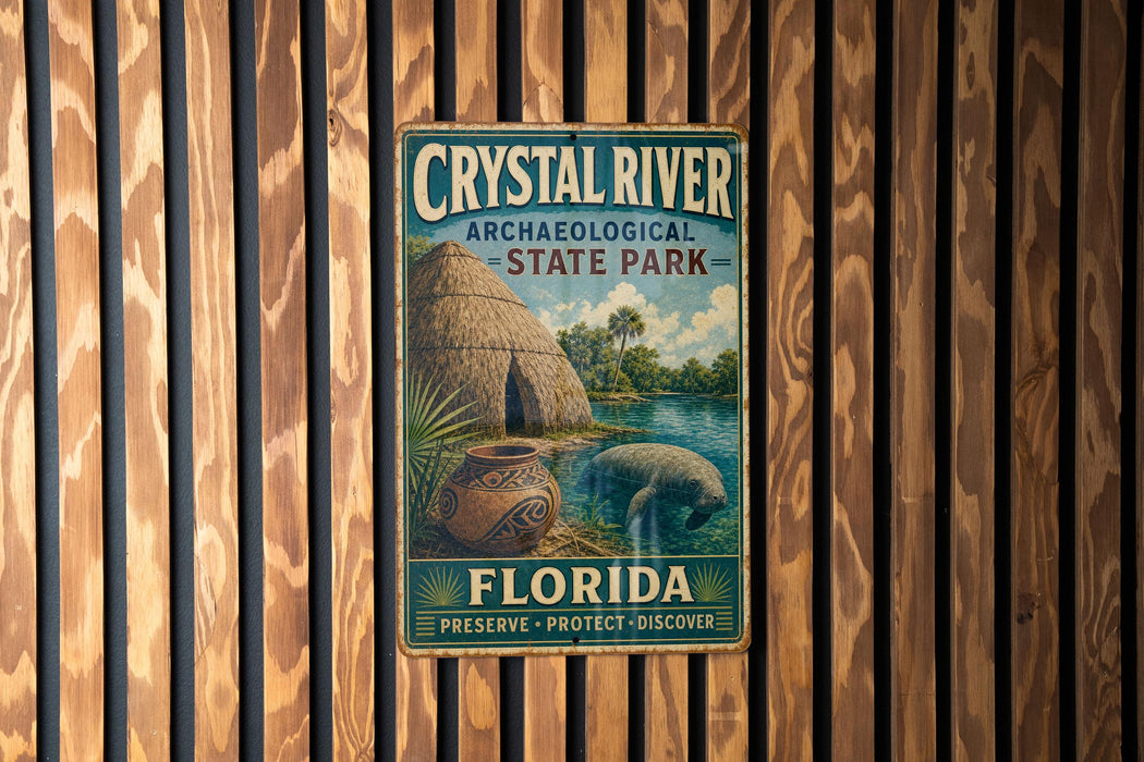 A vintage-style metal sign for Crystal River State Park in Florida, featuring a manatee and a thatched-roof hut, is displayed on a wooden wall.