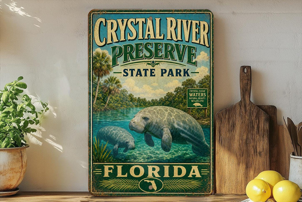 A vintage-style metal sign for Crystal River Preserve, Florida, featuring an illustration of a manatee in a body of water surrounded by palm trees and other natural scenery.