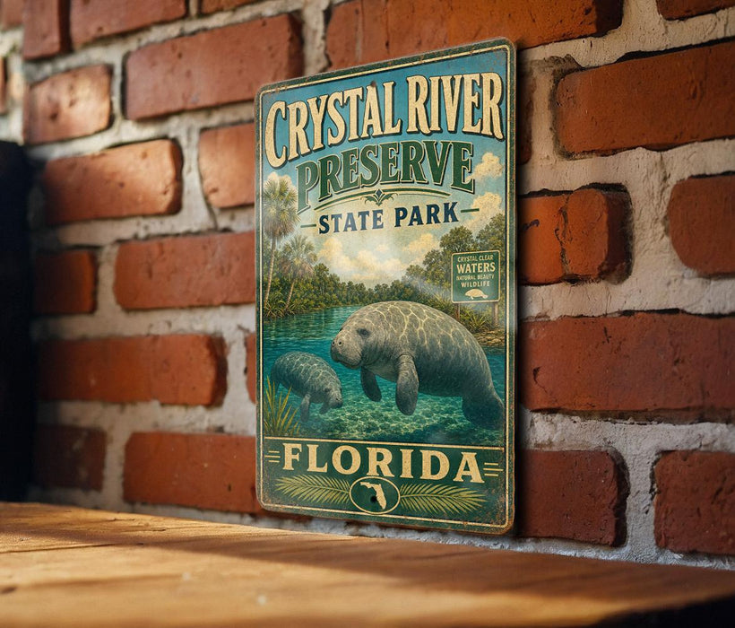 A vintage-style metal sign for Crystal River Preserve, featuring an illustration of a manatee and the text "Crystal River Preserve State Park - Florida" against a brick wall background.