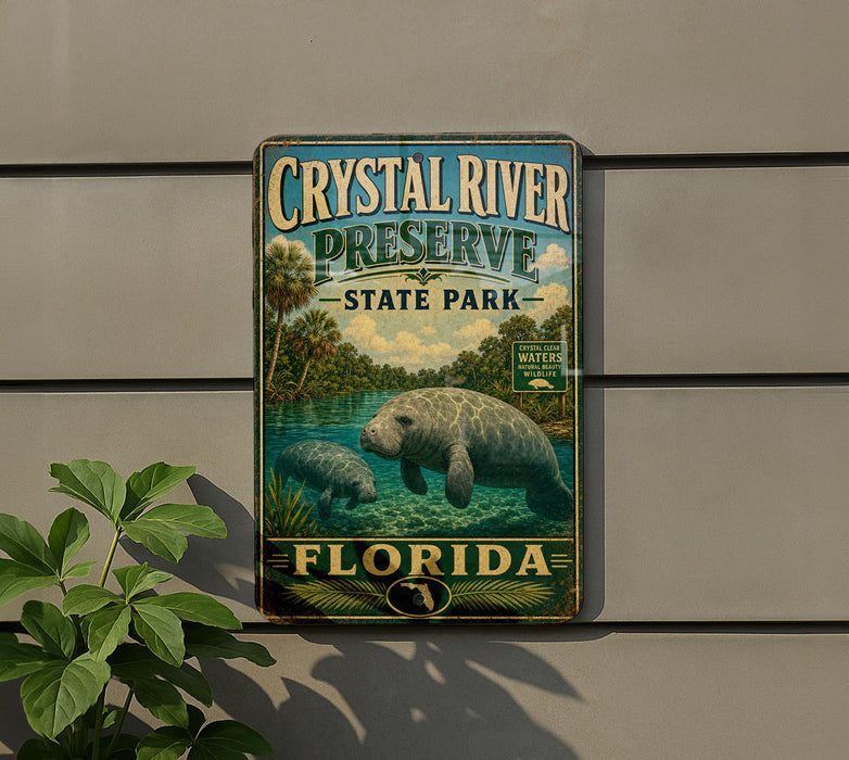A vintage-style metal sign for Crystal River Preserve, featuring a manatee and palm trees, is displayed on a wall.