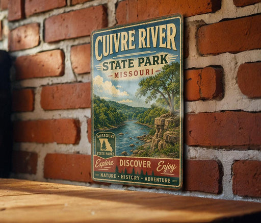 a vintage-style metal sign for Cuivre River State Park in Missouri, mounted on a brick wall.