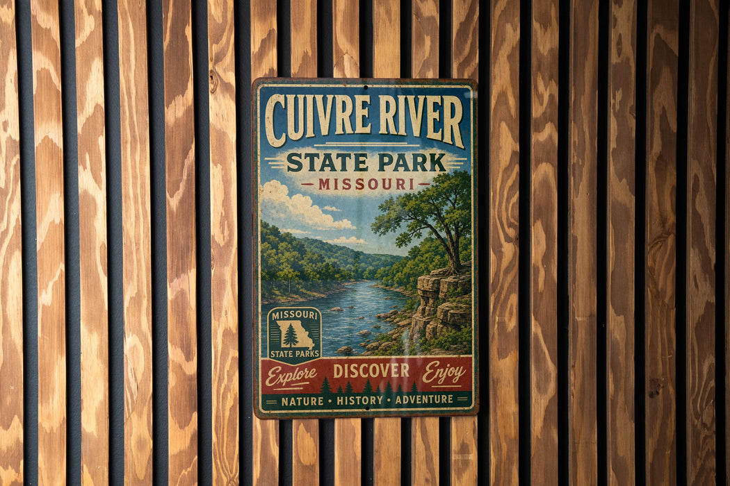 a vintage metal sign for Cuivre River State Park in Missouri, mounted on a wooden wall.