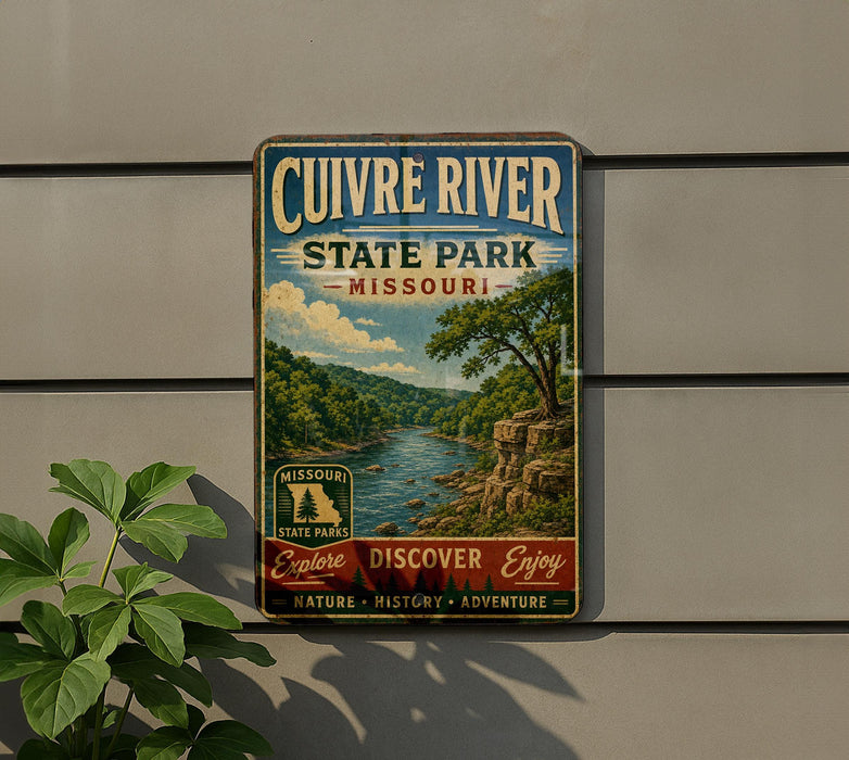 a vintage metal sign for Cuivre River State Park in Missouri, with a scenic landscape of a river, trees, and mountains.