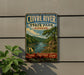 a vintage metal sign for Cuivre River State Park in Missouri, with a scenic landscape of a river, trees, and mountains.