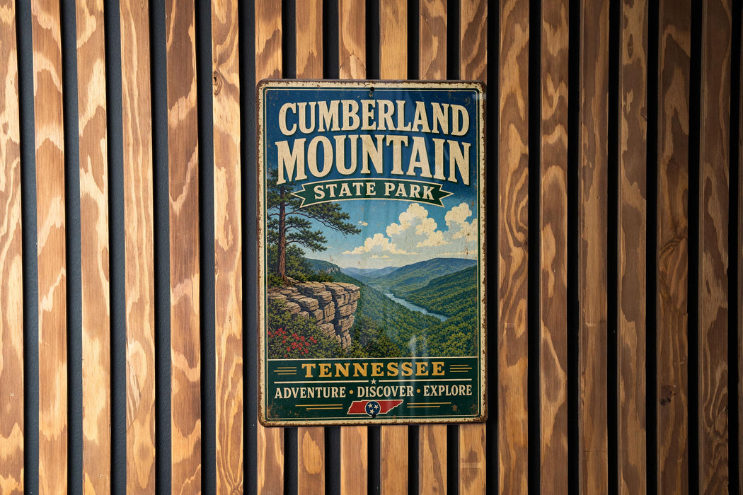 A vintage metal sign for Cumberland Mountain State Park in Tennessee, featuring a scenic mountain landscape with a river and pine trees.