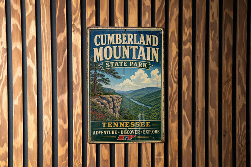 A vintage metal sign for Cumberland Mountain State Park in Tennessee, featuring a scenic mountain landscape with a river and pine trees.
