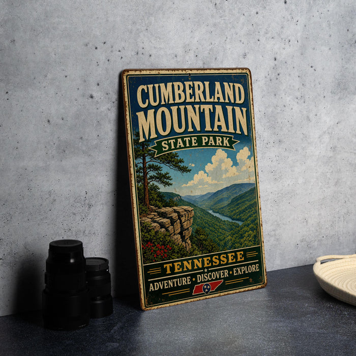 A vintage-style sign for Cumberland Mountain State Park, featuring a scenic mountain landscape with a river and a cliff.