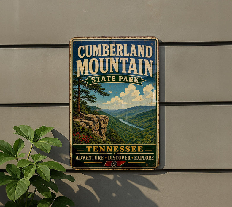 A vintage metal sign for Cumberland Mountain State Park, featuring a scenic mountain landscape with a river and pine trees.