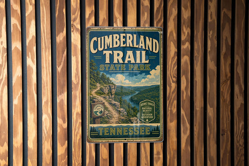 A vintage metal sign for Cumberland Trail State Park in Tennessee, featuring a scenic mountain landscape and a trail.