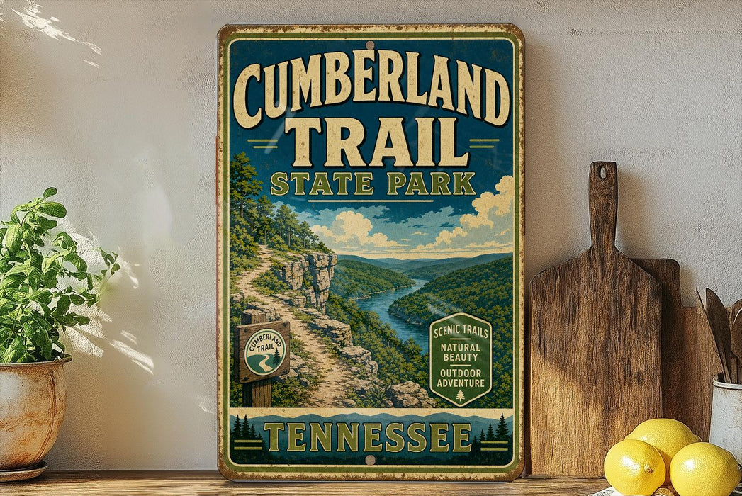 A vintage-style sign for the Cumberland Trail State Park in Tennessee, featuring a scenic mountain landscape with a winding trail.