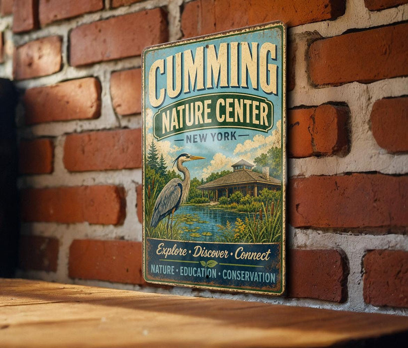 a vintage-style metal sign with a bird illustration, mounted on a brick wall.