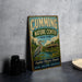 a vintage metal sign for the Cumming Nature Center in New York, with a large bird illustration and text promoting nature, education, and conservation.