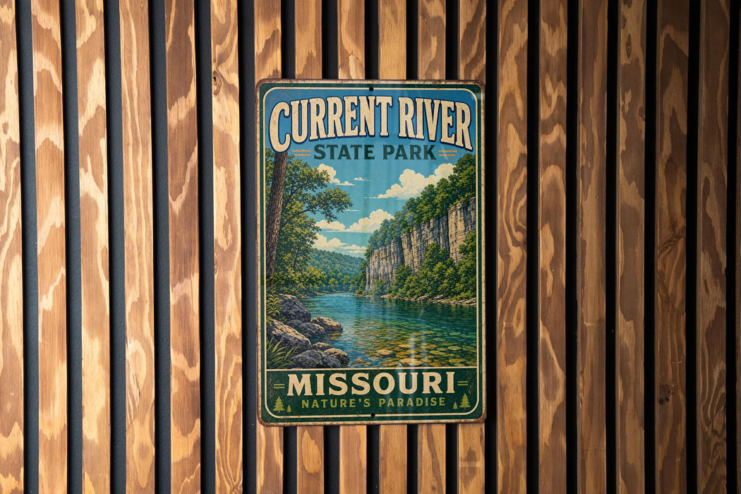 A vintage metal sign for Current River State Park in Missouri, featuring a scenic illustration of a river surrounded by lush greenery.