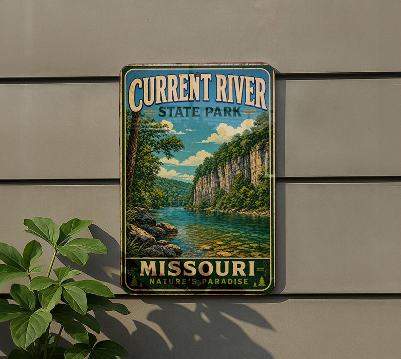 A vintage metal sign for Current River State Park in Missouri, featuring a scenic landscape with a river, cliffs, and trees.