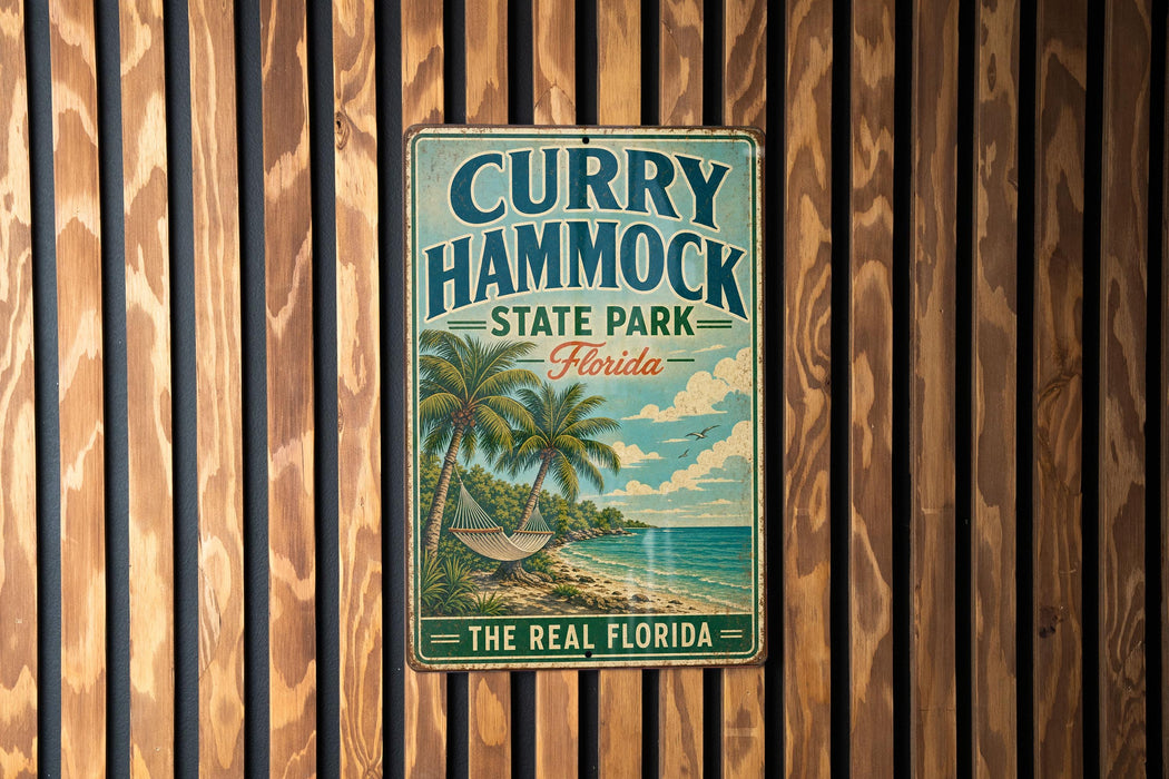 A vintage metal sign for "Curry Hammock State Park, Florida" is displayed on a wooden wall.