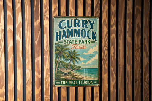 A vintage metal sign for "Curry Hammock State Park, Florida" is displayed on a wooden wall.