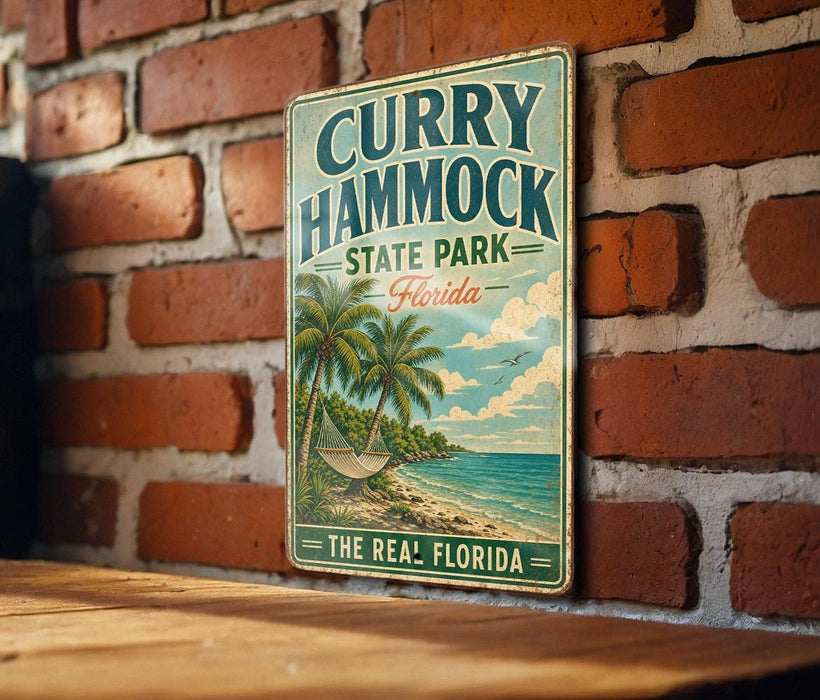 A vintage-style metal sign for "Curry Hammock State Park, Florida" is displayed on a brick wall.
