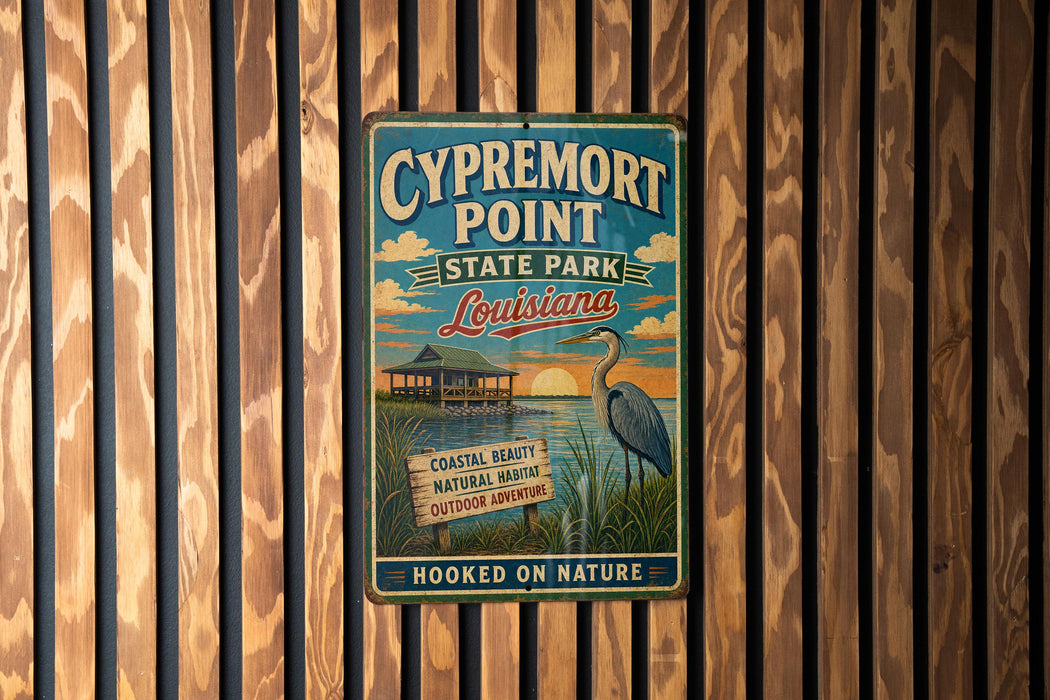 A vintage-style metal sign for Cypremort Point State Park in Louisiana, featuring a blue background with a white bird and text promoting the park's coastal beauty, natural habitat, and outdoor adventures.
