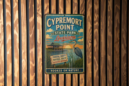 A vintage-style metal sign for Cypremort Point State Park in Louisiana, featuring a blue background with a white bird and text promoting the park's coastal beauty, natural habitat, and outdoor adventures.