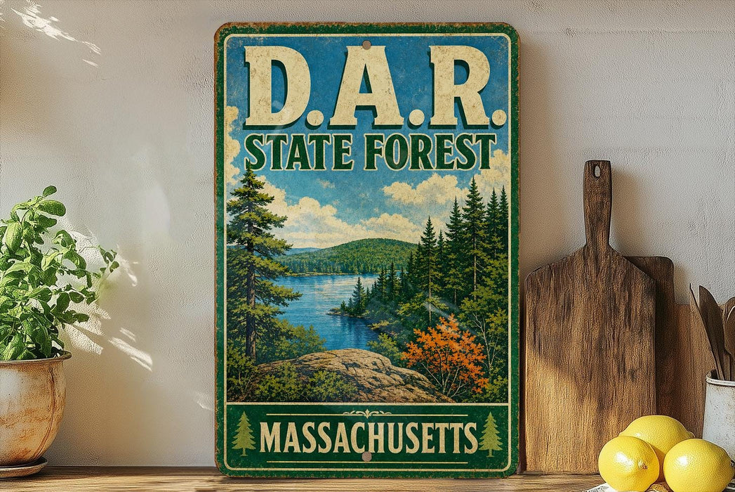 A vintage-style metal sign for the State Forest in Massachusetts, featuring a scenic landscape with pine trees, a lake, and mountains.