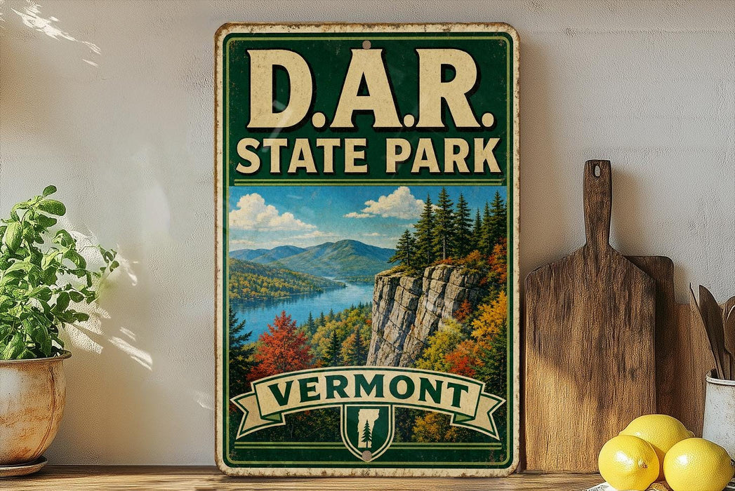 A vintage-style sign for Vermont State Park, featuring a scenic mountain landscape with a lake and pine trees.