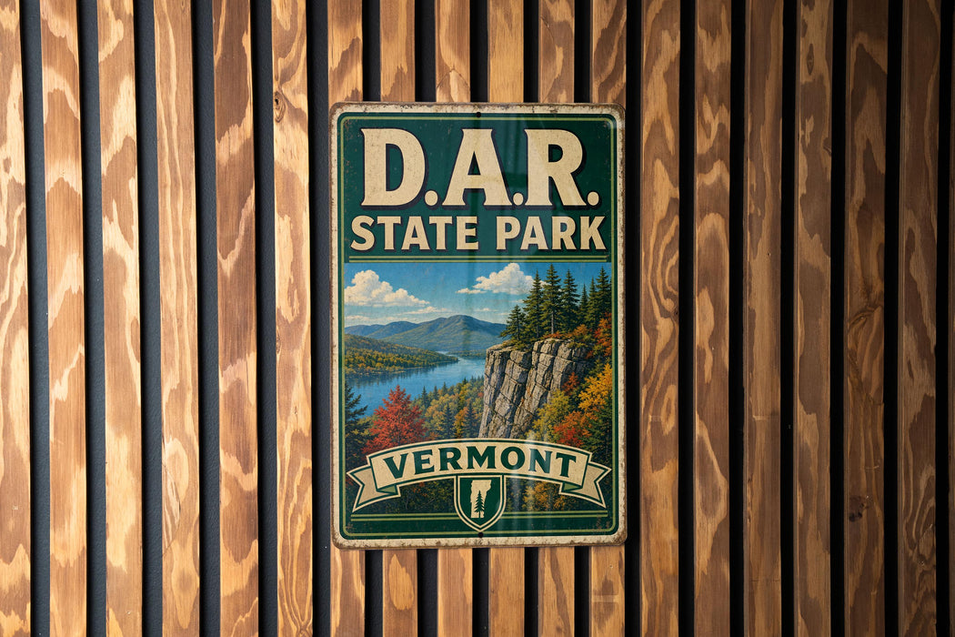 A vintage-style metal sign for Vermont State Park, featuring a scenic landscape with mountains, forests, and a river.
