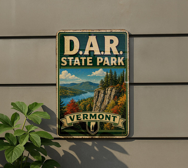 A vintage-style metal sign for Vermont State Park, featuring a scenic landscape with mountains, forests, and a lake.